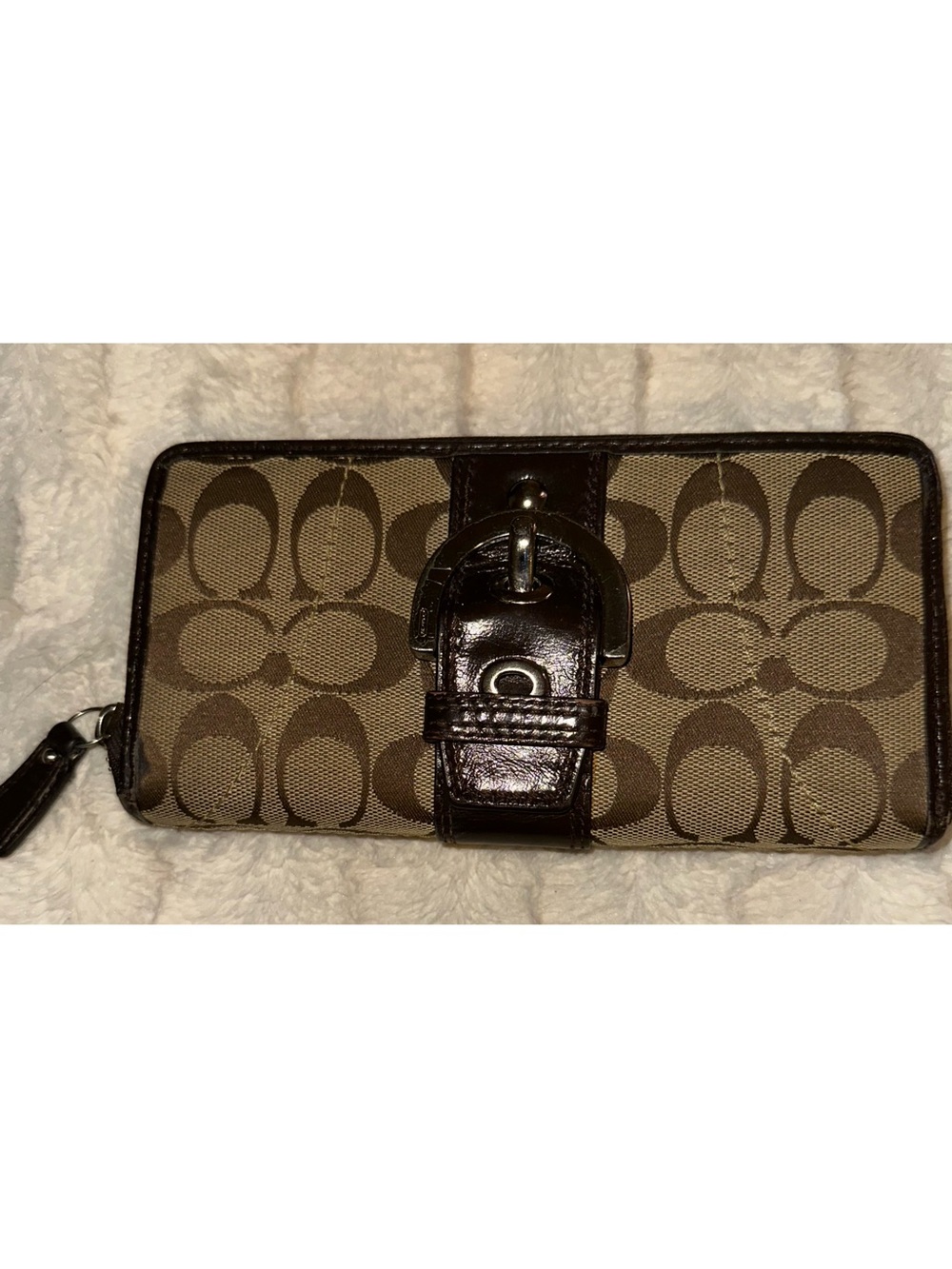 Coach Soho Signature Jacquard & Patent Leather Zip Around Buckle Wallet Brown